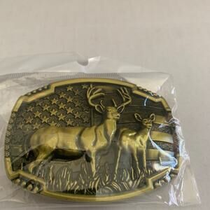 Deer Doe USA Flag 3D Western Cowboy Belt Buckle Gold Brand New